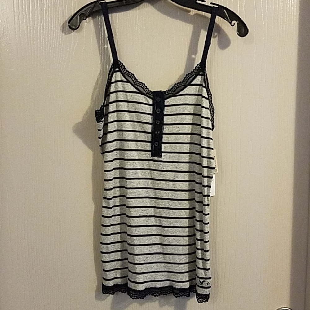 NWT American Eagle Outfitters Black and White Striped Lace-Trim Camisole